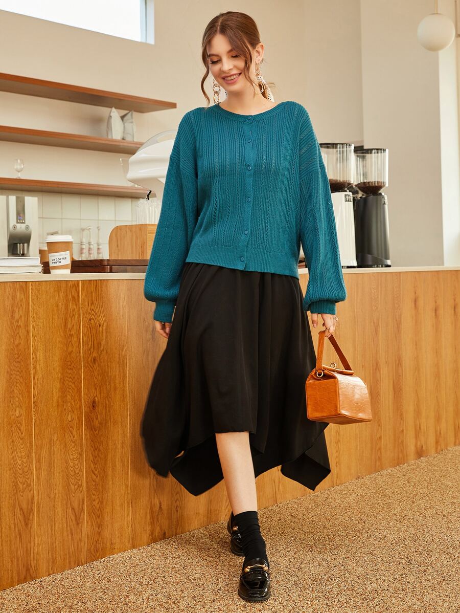 Mulvari Solid Lantern Sleeve Cardigan - Teal Blue - View 1