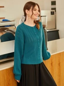 Mulvari Solid Lantern Sleeve Cardigan - Teal Blue - View 5