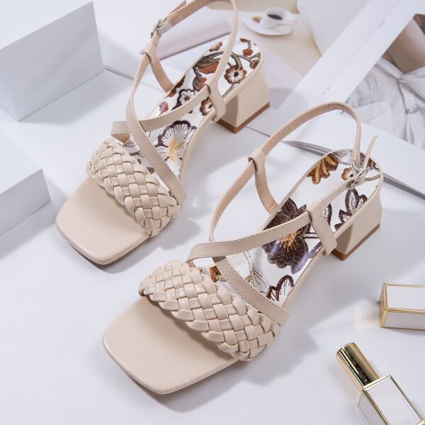 

Braided Design Ankle Chunky Heeled Sandals, Apricot
