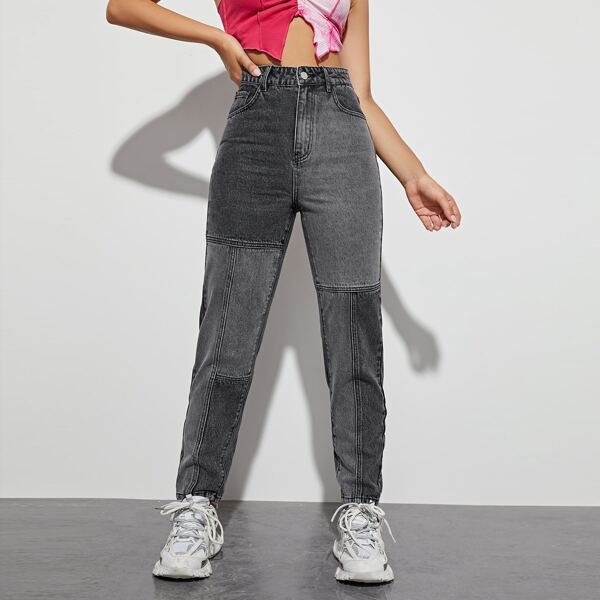 

Two Tone High Waist Straight Leg Jeans, Grey