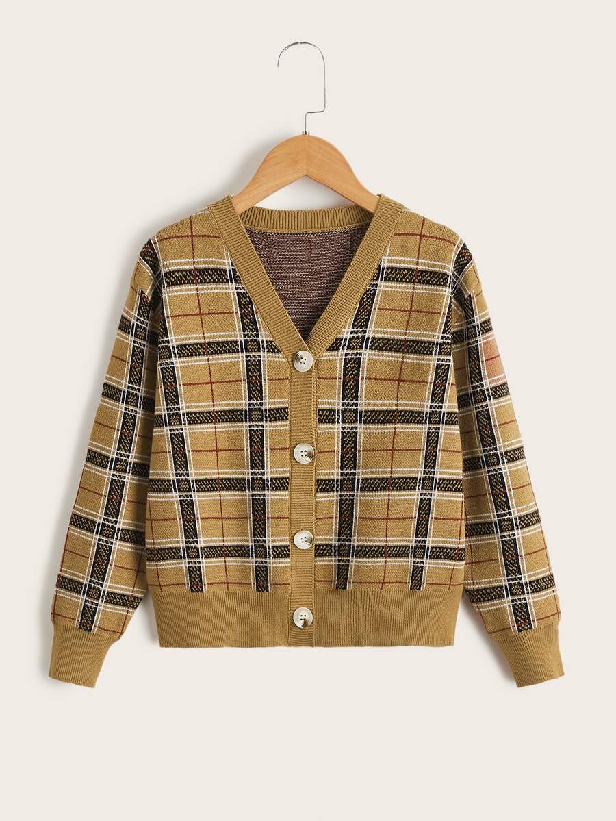 SHEIN Boys Plaid Print Button Placket Cardigan - Multicolor - View 1