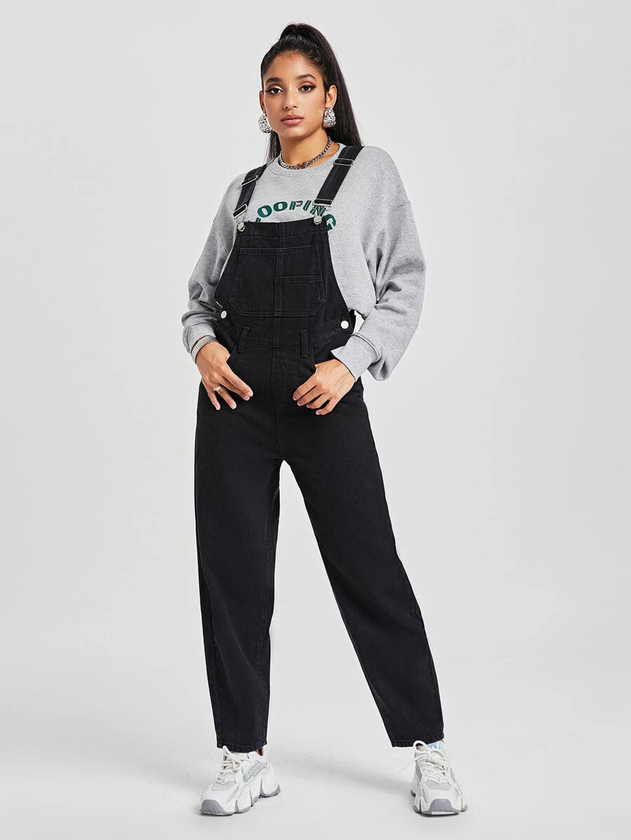 Pocket Front Denim Dungarees - Black - View 1