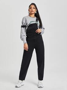 Pocket Front Denim Dungarees - Black - View 3