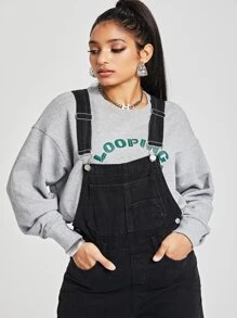 Pocket Front Denim Dungarees - Black - View 5