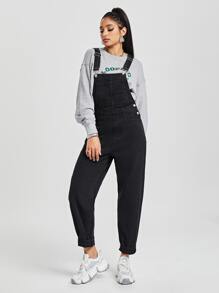 Pocket Front Denim Dungarees - Black - View 6