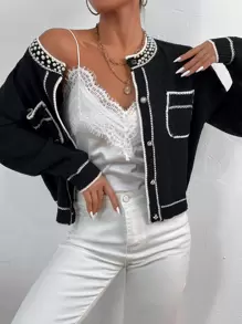 Chiquease 珍珠釘珠口袋貼布開襟衫 - 黑色 - 查看 5