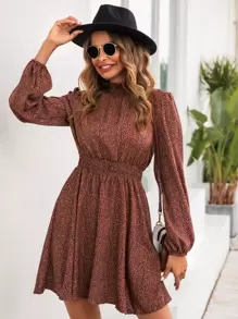 SHEIN LUNE All Over Print Shirred Waist Dress - Redwood - View 1