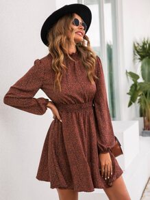 SHEIN LUNE All Over Print Shirred Waist Dress - Redwood - View 3