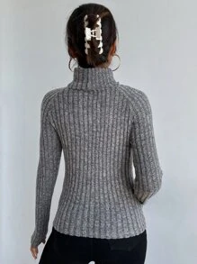 SHEIN Essnce Funnel Neck Raglan Sleeve Rib-knit Tee - Grey - View 2