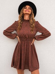 SHEIN LUNE All Over Print Shirred Waist Dress - Redwood - View 5