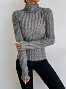 SHEIN Essnce Funnel Neck Raglan Sleeve Rib-knit Tee - Grey - View 3