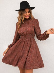 SHEIN LUNE All Over Print Shirred Waist Dress - Redwood - View 6