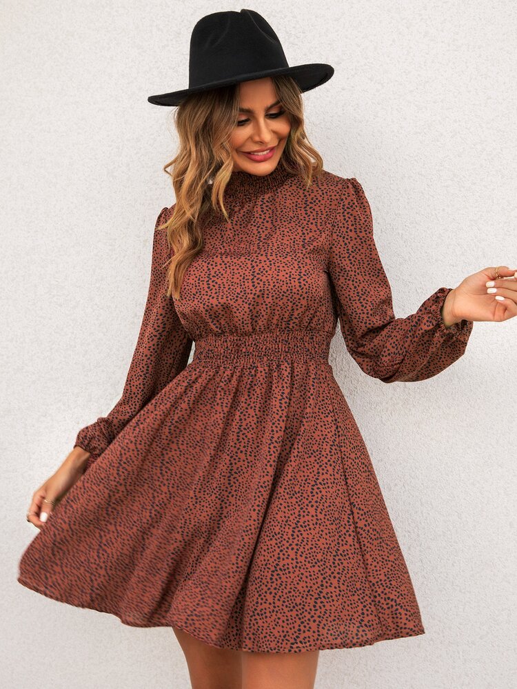 SHEIN LUNE All Over Print Shirred Waist Dress - Redwood - View 6