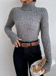 SHEIN Essnce Funnel Neck Raglan Sleeve Rib-knit Tee - Grey - View 5