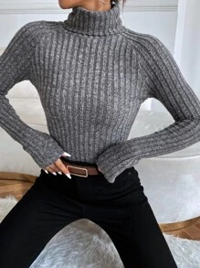 SHEIN Essnce Funnel Neck Raglan Sleeve Rib-knit Tee - Grey - View 6