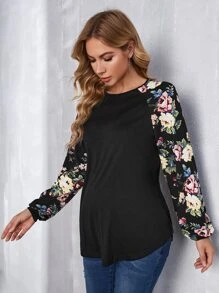 SHEIN Maternidad Camiseta con estampado floral de manga raglán - Negro - Ver 3
