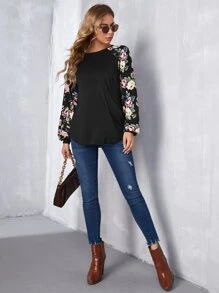 SHEIN Maternidad Camiseta con estampado floral de manga raglán - Negro - Ver 4