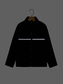 SHEIN Boys Contrast Reflective Tape Zipper Teddy Coat - Black - View 1