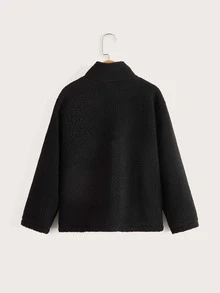 SHEIN Boys Contrast Reflective Tape Zipper Teddy Coat - Black - View 2