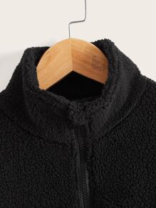 SHEIN Boys Contrast Reflective Tape Zipper Teddy Coat - Black - View 3