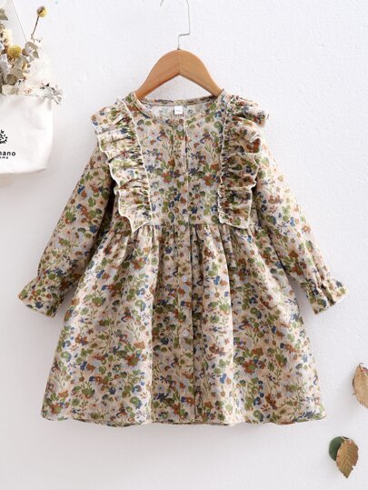 Genkimix Kids Young Girl Ditsy Floral Ruffle Trim Corduroy Smock Dress