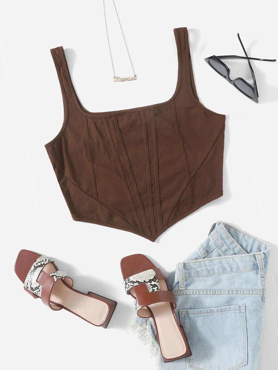 SHEIN EZwear 大碼不對稱下擺短款背心 - 巧克力棕 - 查看 1