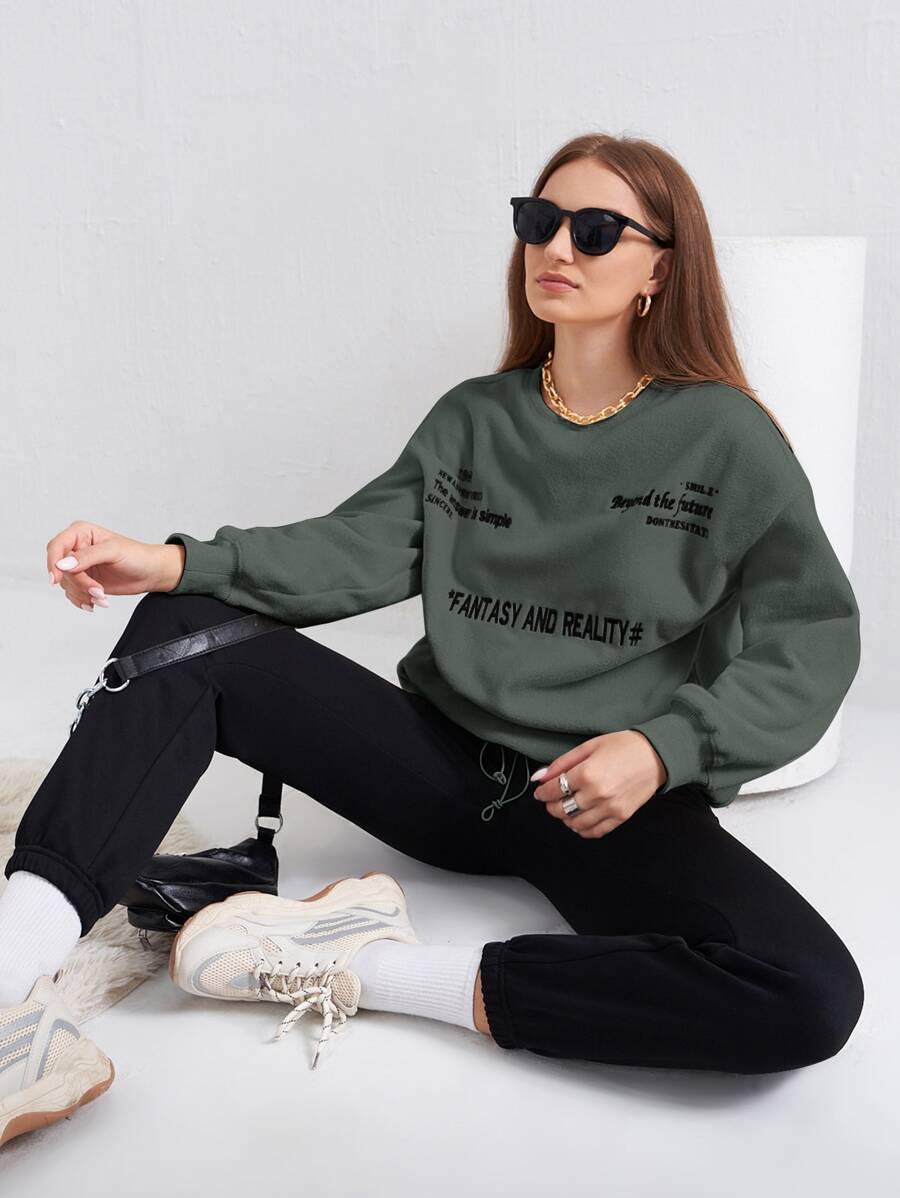 SHEIN Unity 標語刺繡落肩袖抽繩法蘭絨運動衫 - 灰色 - 查看 1