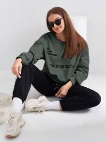 SHEIN Unity 標語刺繡落肩袖抽繩法蘭絨運動衫 - 灰色 - 查看 5