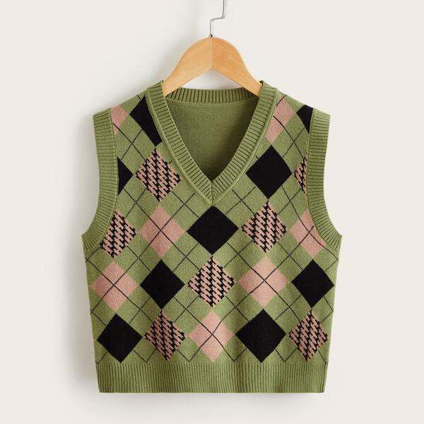 

Girls Plaid Pattern Sweater Vest, Army green