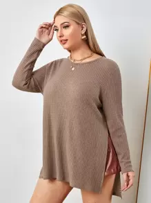 SHEIN Essnce Plus Split Side Waffle Knit Tee - Mocha Brown - View 1