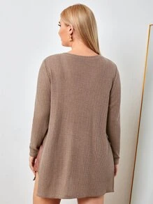 SHEIN Essnce Plus Split Side Waffle Knit Tee - Mocha Brown - View 2