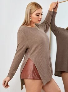 SHEIN Essnce Plus Split Side Waffle Knit Tee - Mocha Brown - View 3