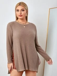 SHEIN Essnce Plus Split Side Waffle Knit Tee - Mocha Brown - View 5