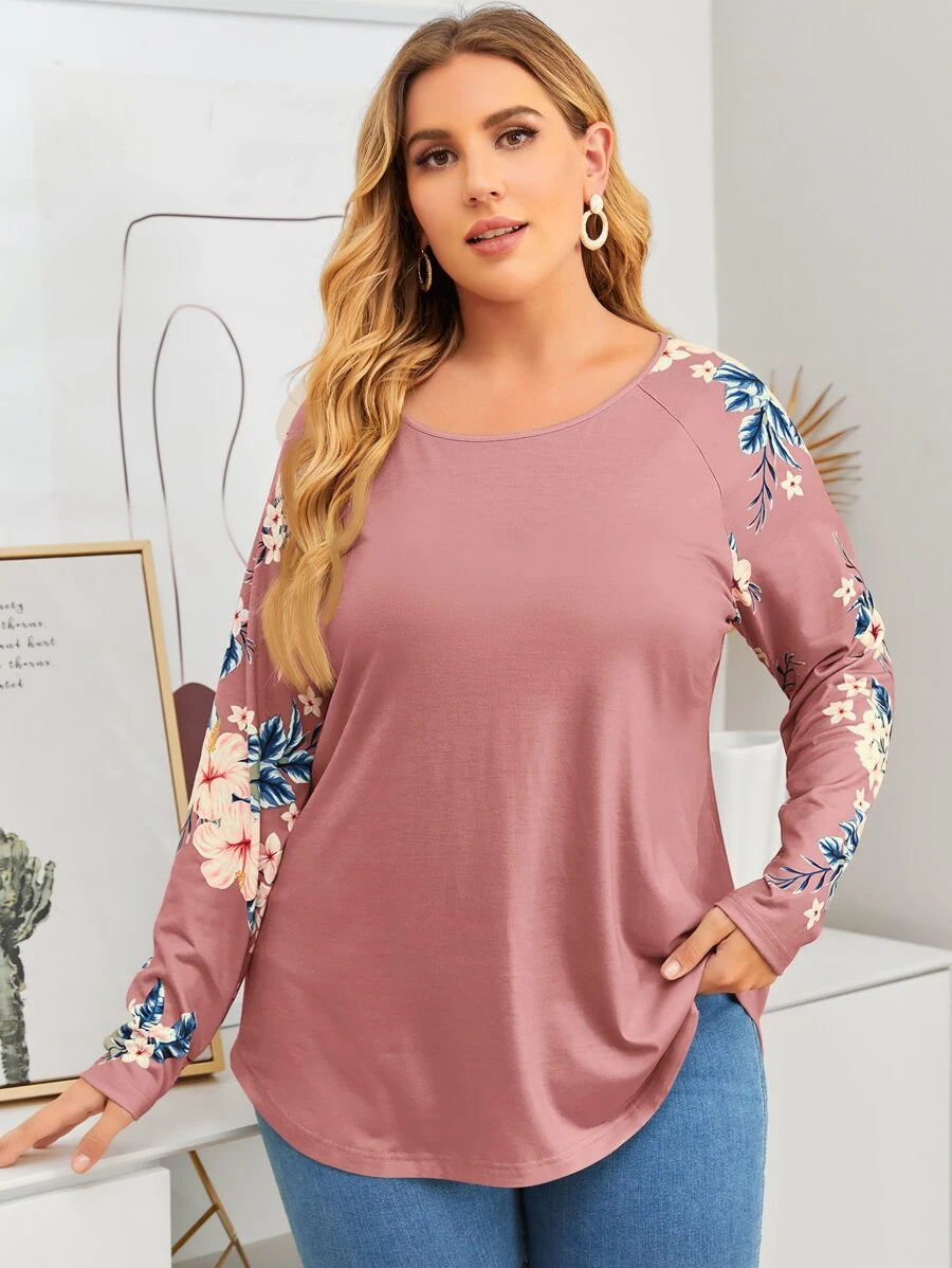 SHEIN LUNE 大碼印花插肩袖T恤 - 藕粉色 - 查看 1