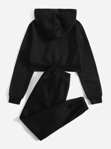 SHEIN EZwear Zip Up Drawstring Hoodie & Sweatpants - Black - View 2