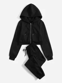 SHEIN EZwear Zip Up Drawstring Hoodie & Sweatpants - Black - View 3
