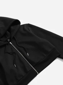 SHEIN EZwear Zip Up Drawstring Hoodie & Sweatpants - Black - View 4
