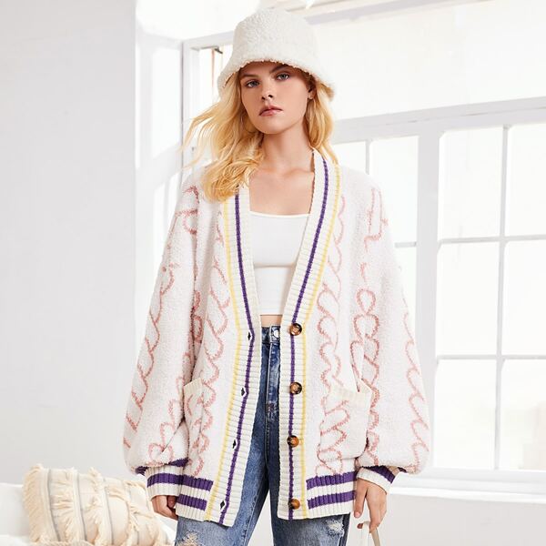 

Heart Pattern Colorblock Cardigan, White