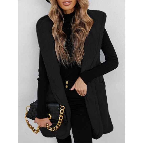 

Solid Hooded Teddy Vest Coat, Black