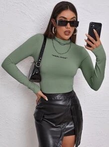 SHEIN Unity Mock Neck Letter Embroidered Rib-knit Tee - Green - View 1