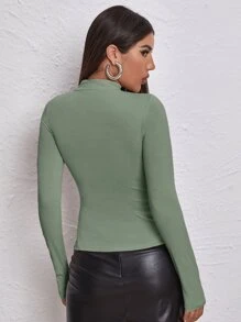 SHEIN Unity Mock Neck Letter Embroidered Rib-knit Tee - Green - View 2