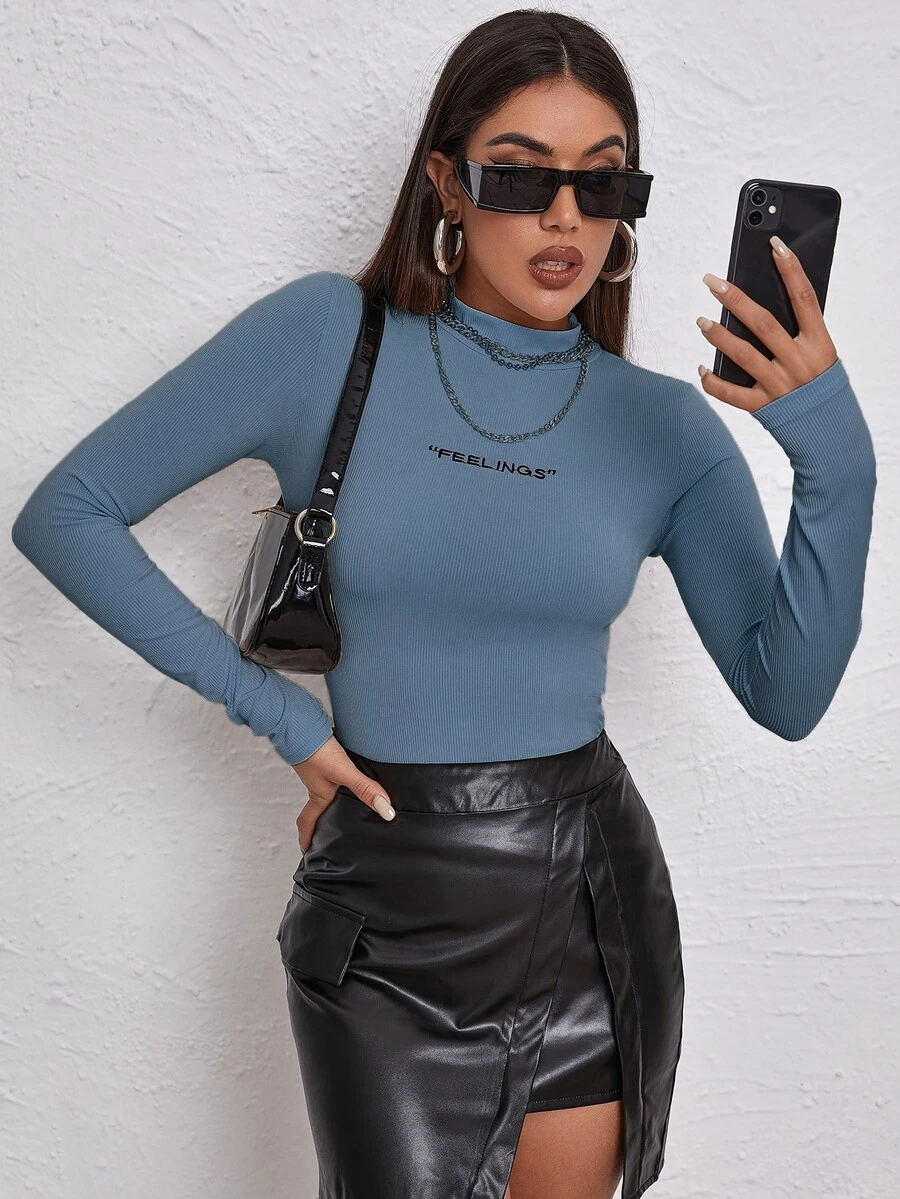SHEIN Unity 女式简约印花圆领长袖T恤 - 霧霾藍 - 查看 1