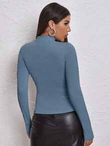 SHEIN Unity 女式简约印花圆领长袖T恤 - 霧霾藍 - 查看 2