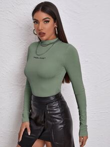 SHEIN Unity Mock Neck Letter Embroidered Rib-knit Tee - Green - View 4