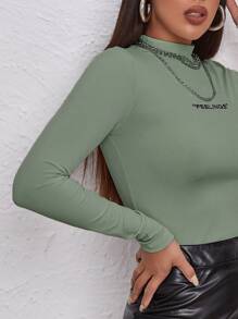 SHEIN Unity Mock Neck Letter Embroidered Rib-knit Tee - Green - View 5