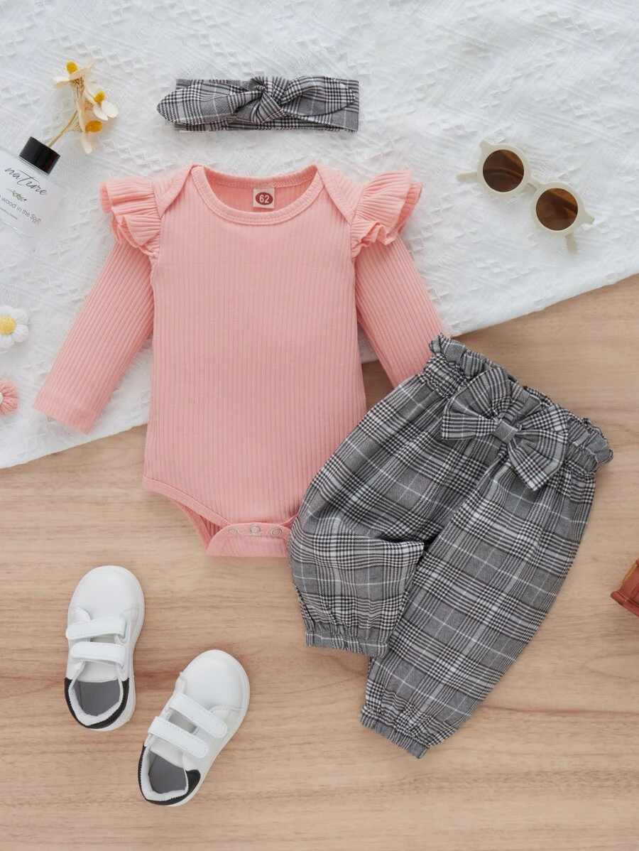 SHEIN 女婴荷叶边装饰连体衣和格子印花纸袋腰运动裤，配头带，圣诞节礼物 - 粉色 - 查看 1