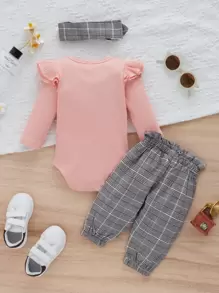 SHEIN 女婴荷叶边装饰连体衣和格子印花纸袋腰运动裤，配头带，圣诞节礼物 - 粉色 - 查看 2