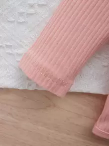 SHEIN 女婴荷叶边装饰连体衣和格子印花纸袋腰运动裤，配头带，圣诞节礼物 - 粉色 - 查看 3