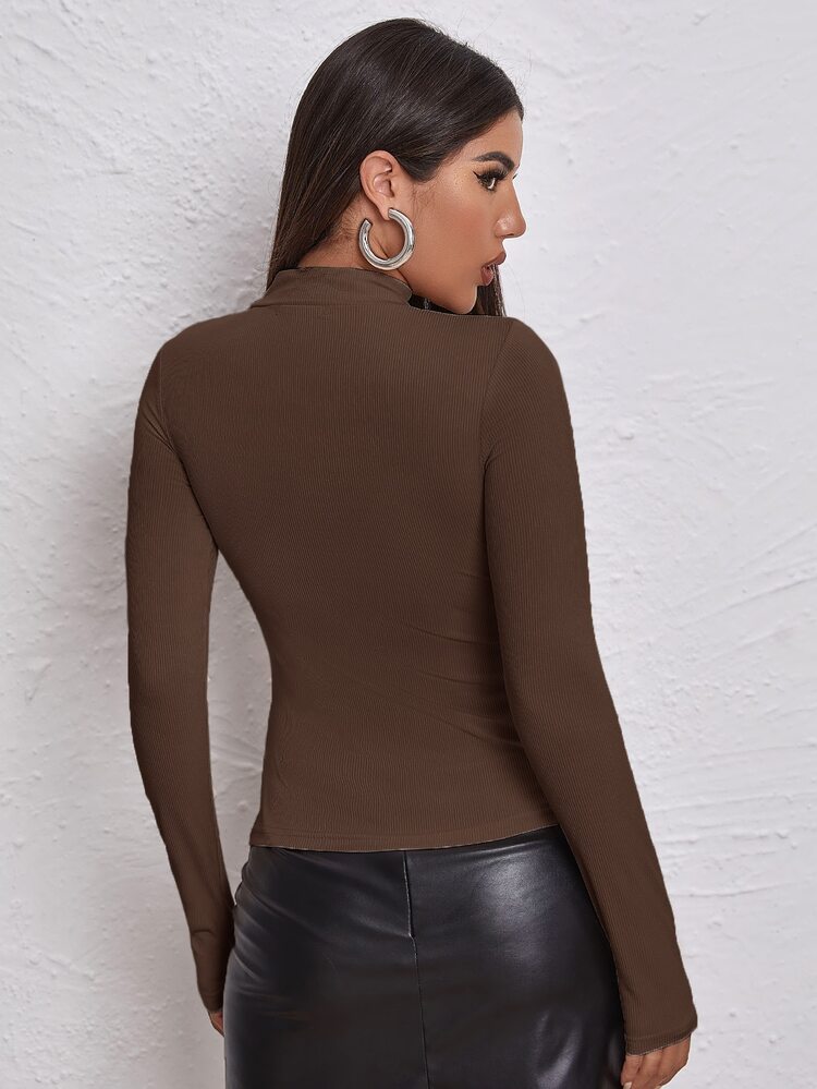 SHEIN Unity Mock Neck Letter Embroidered Rib-knit Tee - Coffee Brown - View 2