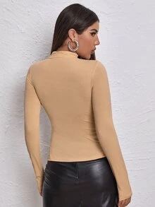 SHEIN Unity Mock Neck Letter Embroidered Rib-knit Tee - Khaki - View 2